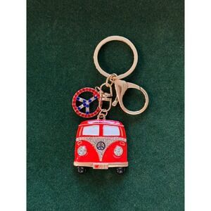 VW Bus Peace Sign Rhinestone Keychain Red Hippie Van Gold Tone Charm